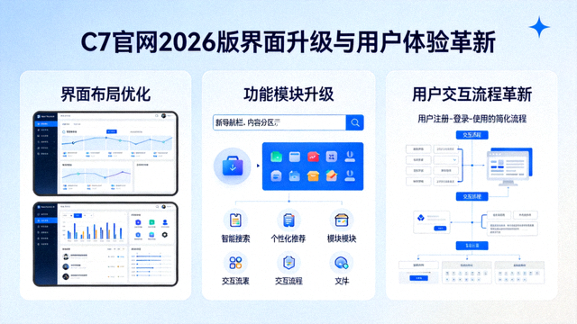 C7官网2026版界面升级与用户体验革新示意图，展示全新极简布局与动态视觉元素