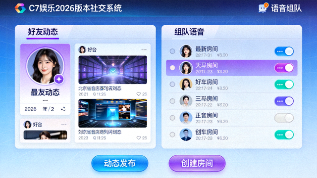 C7娱乐2026版本社交系统界面：新增好友动态与组队语音功能示意图